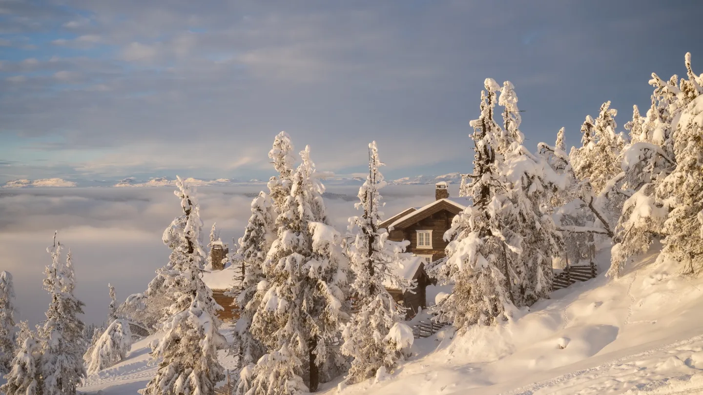 Et hus på en snødekt høyde