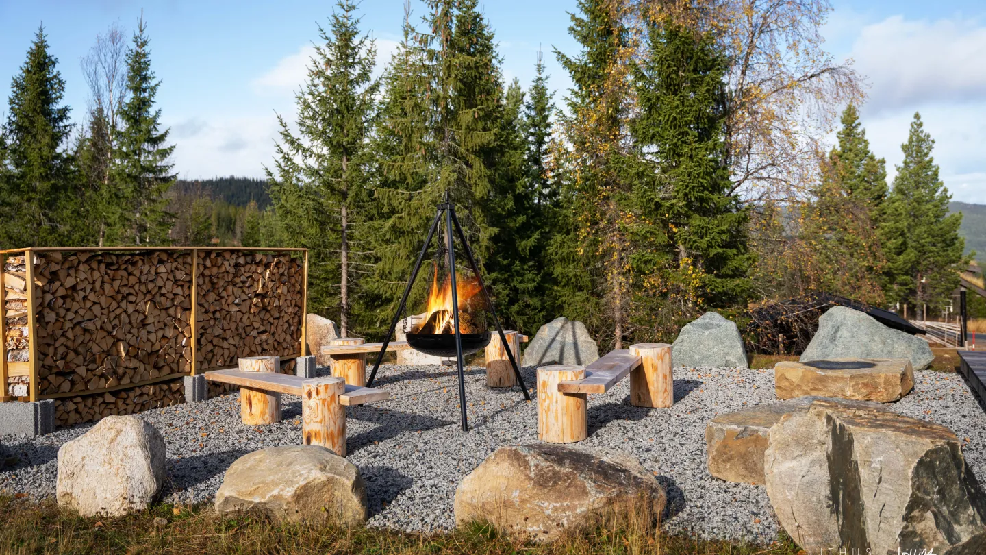 en bålplass omgitt av steiner og tre