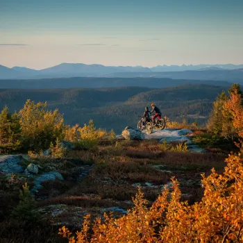 to personer sykler på en steinete bakke med trær og fjell i bakgrunnen