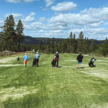En gruppe mennesker som går på en golfbane