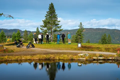 en gruppe mennesker som står på gresset ved en innsjø